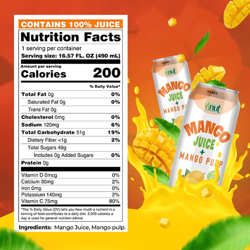 Vinut 100% Mango Juice with Pulp (16.57 fl oz, Pack
