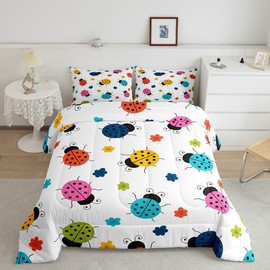 Homewish Cartoon Ladybug Comforter Set Twin Size,Rainbow Colorful Flower Bedding Set,Cartoon Animals Plants Quilt Set for Kids Girls Boys Room Decor,Nature Entomology Theme Duvet Insert,1 Pillowcase