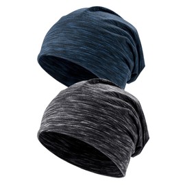 Kiiwah Pack of 2 Beanie Hat for Men and Women Striped Slouch Unisex Knitted Beanie for Spring, Autumn and Winter, black and blue