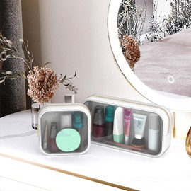 Adorila Clear Makeup Bag Set of 2, TSA Approved Waterproof Travel Cosmetic Bag, PVC Nylon Portable Makeup Organizer Bags for Women (White)