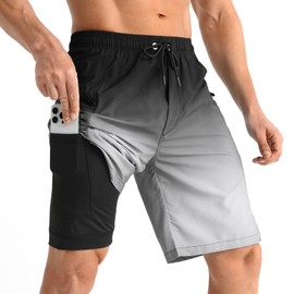 iCKER Men's Swimming Shorts with Compression Liner 2 in 1 Swimming Trunks Quick Dry 9 inch Inseam Board Shorts with Zipper Pockets,Black STK352,XL