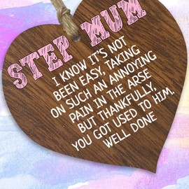 Step Mum Gifts from Daughter Son - Well Done - Best Step Mum Gifts, Presents for Step Mum, Hanging Wooden Heart Sign Plaque, Birthday Gifts for Mum Gift, Mothers Day - Dark Wood Hearts Sign