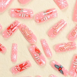 24Pcs Chritsmas Long Press on Nails Pink Square Fake Nails Cute Gingerbread Man Glue on Nails Winter Snowflake False Nails Glossy Candy Cane Design Fake Nails Christmas Long Nails for Women Girls
