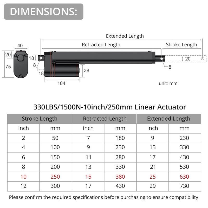 Justech 12V Heavy-Duty Linear Actuator 330lbs/1500N-10inch/250mm Silent IP65 Electric Actuator