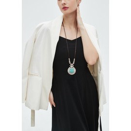 joymiao Chunky Necklace for Women Bohemian Long Leather Rope Necklace with Silver Turquoise Pendant Hippie Statement Jewelry