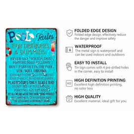 Pool Rules for Drinkers and Dummies Metal Tin Sign Indoor/outdoor Swimming Pool Party Decorations for Home Swimming Pool Accessories 8x12 Inch