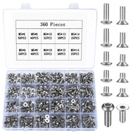 360 Pcs M5 Metric Hex Socket Head Cap Screws & Bolts Set, 180 Countersunk & 180 Flat Head Screws - 6mm/8mm/10mm/12mm/14mm, Silver