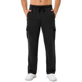 SILKWORLD Men's Cargo Sweatpants Casual Joggers Open Bottom Sweat Pant Baggy Cotton Athletic Pants with Zipper Pockets, Black, Medium