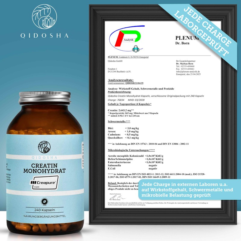 Creapure Creatine Monohydrate by Qidosha 240 Pieces in Pharmacist Glass,