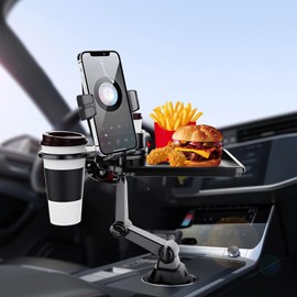 Car Cup Holder Tray, Cup Holder Tray for Car with Phone Stand, Car Tray Table with 360° Rotatable Arm, car Trays for Eating, Car Food Tray Ideal for Travel Dining