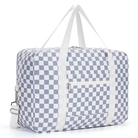 Narwey for Spirit Airlines Personal Item Bag 18x14x8 Foldable Duffle Bag for Travel Packable Duffel Bag for Traveling Carry on Luggage for Women (Grayish Blue Checkerboard (with Shoulder Strap))