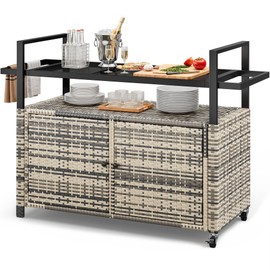 YITAHOME XL Outdoor Storage Cabinet, Outdoor Storage Cart with Wheels and Black Glass Table Top for Patio, Outdoor Cabinet for Poolside and Backyard (Gray Gradient)