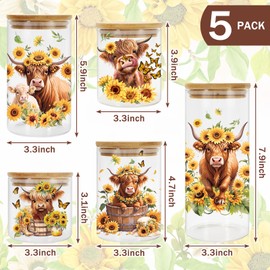 JarThenaAMCS 5 Pack Highland Cow Sunflower Glass Storage Jars with Airtight Lid Watercolor Cattle Floral Decorative Canisters Sets for Farmhouse Home Kitchen Countertop