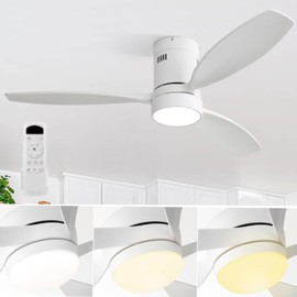 KEIKI 52 Inch Soild Wood Ceiling Fans, Indoor Modern Ceiling Fan with Lights & Remote, Outdoor Large Noiseless Flush Mount Fan for Bedroom, Kitchen & Patio, 6 Speed Reversible DC Motor, White