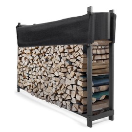 ECOTRIC 6FT Firewood Rack with Waterproof Cover for Outdoor Indoor Wood Log Rack Holder Storage Stand Stacker Wood Pile Lumber Storage Carrier Organizer Black Steel