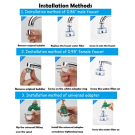 3PCS Sink Water Filter Faucet, Universal 360 ° Rotating Bathroom Sink Filter, Kitchen Faucet Water Filter Removes Chlorine Fluoride Heavy Metals Hard Water for Home Bathroom & Kitchen, w/Cartridges