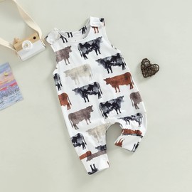 Toddler Baby Boy Girl Farm Clothes Cartoon Animals Print Jumpsuit Romper Newborn Summer Overall Country Stuff (Cow White, 12-18 Months)