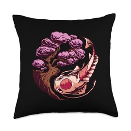 Yinyang Koi Fish and Sakura Tree Design Throw Pillow