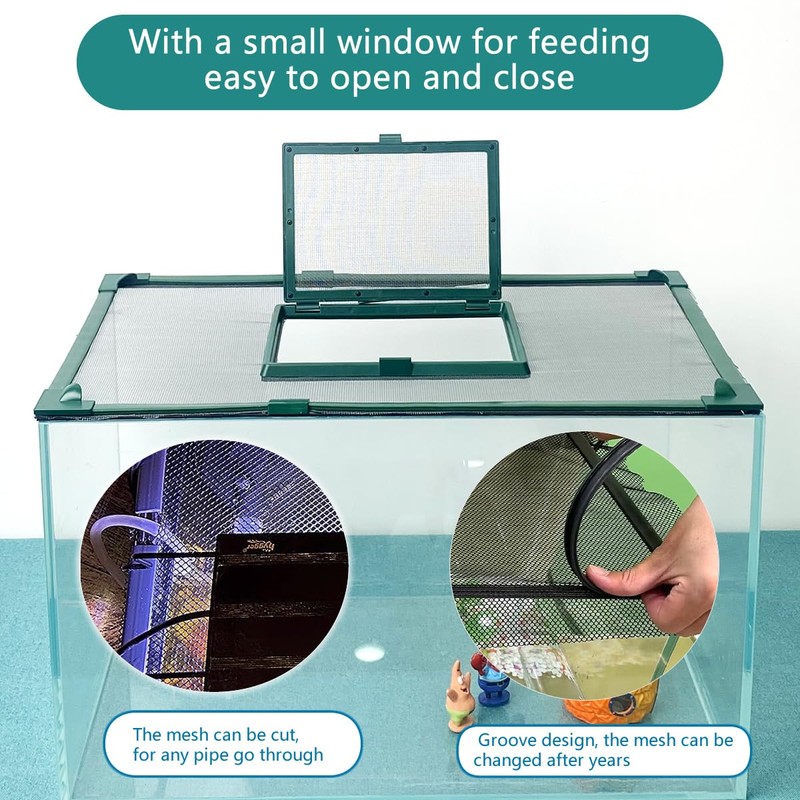 Magnetic Fish Tank Cover with Feeding Window Green Frame Grey