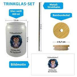 Owl in Pyjamas Night Owl Early Bird Saying Drinking Glass with Bamboo Lid A Funny Glass for Night Owls