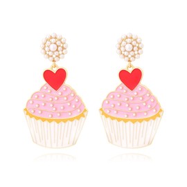 Cute Cupcake Pearl Dangle Drop Stud Earrings for Women Pink Enameled Ice Cream Red Love Heart Charm Dangling Earring Elegant Birthday Christmas Jewelry Gifts for Baker Cooks