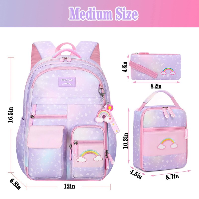 TLTUCI 3pcs Girls Backpack,Cute Rainbow School Backpack for Kids Children