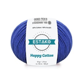 Estako Happy Cotton, 60% Cotton 40% Acrylic Yarn, Soft, Fine/Sport (2) for Crochet and Knitting 1.76 Oz (50g) / 180 Yrds (165m) (4250 - Royal Blue)