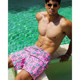 maamgic Mens Swim Trunks Quick Dry Swim Shorts with Mesh Lining Funny Swimwear Bathing Suits Pineapple Palm Tree Pink Medium