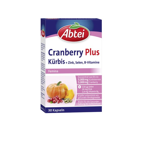 Abtei Cranberry Plus Kürbis - hochdosiert - Nahrungsergänzung für Bindegewebe, Schleimhaut und Immunsystem - mit Zink, Selen, Biotin und B-Vitaminen - 1 x 30 Kapseln (1er Pack)