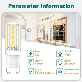 DiCUNO G9 LED 3 W, neutral white 4000 K, replaces 30 W-40 W halogen bulb, 480 lm, ultra-efficient LED bulb, energy efficiency class C, flicker-free, non-dimmable, pack of 6