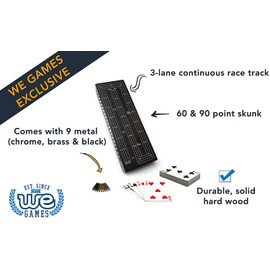 WE Games 3 Player Wood Cribbage Set - Easy Grip Pegs and 2 Decks of Cards Inside of Board - Black Stained