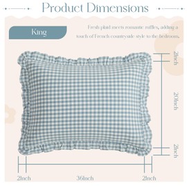 KKJIAF 2 Pcs Plaid Ruffle Pillow Case King Size, Washed Cotton Gingham Ruffled Euro Sham Pillow Covers 20x36 Inches, Plaid Bed Pillow Shams with Envelope Closure for Sofa Bed (Dusty Blue Plaid)