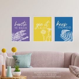 Wee Blue Coo Pack of 3 A4 Floral Scottish Sayings Yellow Purple Blue Colourful Botanical Typography Unframed Wall Art Living Room Prints Set