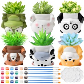 Chuangdi 6 Sets DIY Ceramic Succulent Pots Paint Animal Planters Unpainted Plant Flower Pot Paintable Ceramic Painting Kit Drainage Hole Color Paints Paintbrushes Palettes for Craft Activity