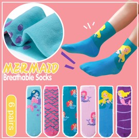 WELSOX Girls Kids Socks Gifts Cute Cat Fun Crew Fashion Funny Novelty Soft Cotton Socks 6 Pairs(Mermaid,3-5Y)
