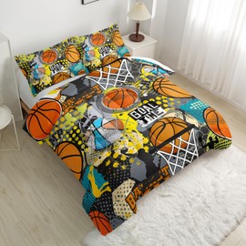 Nttopship Basketball Bedding Set Queen Size for Kids Teens and Adults Vibrant Basketball Game Printed Comforter Set for Bedroom Soft Microfiber Print Quilt Set with 1 Comforter and 2 Pillowcases