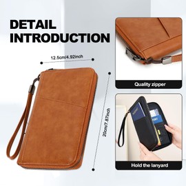 Passport Holder PU Leather Wallet for Men & Women, RFID Blocking Travel Wallet, Passport Holder Card Slots Document Organizer Wrist Strap (Solid Brown Yellow)