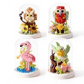 Insgen 4 Bird & Flower Micro Brick Model Sets with Display Dust Cover