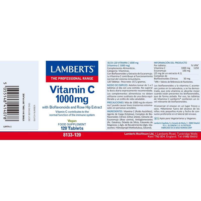 Lamberts Vitamin C 1000mg – with 150mg Bioflavonoids & 100mg