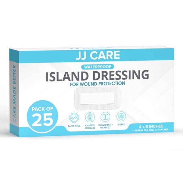 JJ CARE Waterproof Adhesive Island Dressing [Pack of 25], 4” x 8” Sterile Island Dressing, Breathable Bordered Gauze Dressing, Individually Wrapped Latex Free Bandages with Non-Stick Central Pad