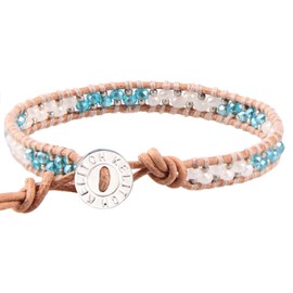 KELITCH White Blue Crystal Bead Wedding Bridal Charm Bracelet on Beige Leather
