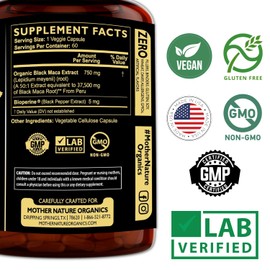 Mother Nature Organics Superfoods for Organic Living Mother Nature 37,500mg 50x Strength Organic High-Potency Peruvian Black Maca Root Capsules for Men 100% Pure Maca Peruana 50:1 Extract to Boost Stamina, Enegy, Muscle Gain - 60ct