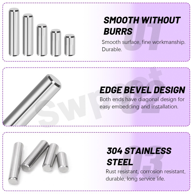 Swpeet 110Pcs M2 M3 M4 M5 304 Stainless Steel Dowel