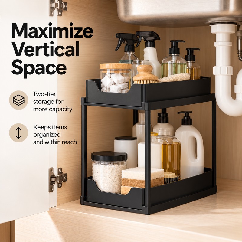 2-Tier Kitchen and Bathroom Organizer Rack – Black Metal Storage
