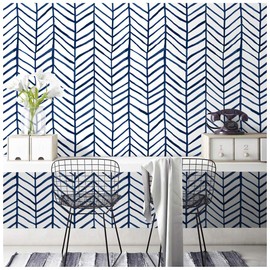 HAOKHOME Blue Wallpaper Navy Peel and Stick Wall Paper Modern Stripe for Bathroom Herringbone Removable Decoration 17.7in x 9.8ft