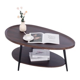 TDLEAYYD Oval Coffee Table, 2-Tier Coffee Table with Open Storage Shelf, 40" Modern Wood Center Table Tea Table for Living Room, Bedroom, Apartment, Dark Walnut