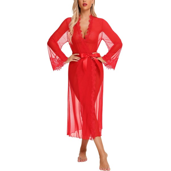RSLOVE Lingerie for Women Sexy Long Lace Bathrobe Robe Mesh Chemise Dress Babydoll Cover Up, red