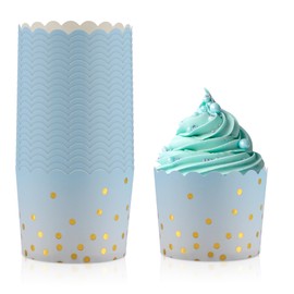 TRUSBER Cupcake Liners for Baking, Standard Size Blue Muffin Paper Liners with Gold Polka Dots, 50Pack Baking Cups for Baby Shower, Birthday Party