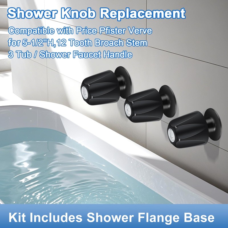 Metal Matte Black Shower Knobs 3 Piece Replacement and Flange