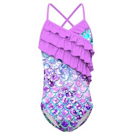 Little Mermaid Swimsuit for Girls 4 5 Kids Purple Fish Scales Printed Bathing Suit Cute Beach Pool One Piece Swimwear